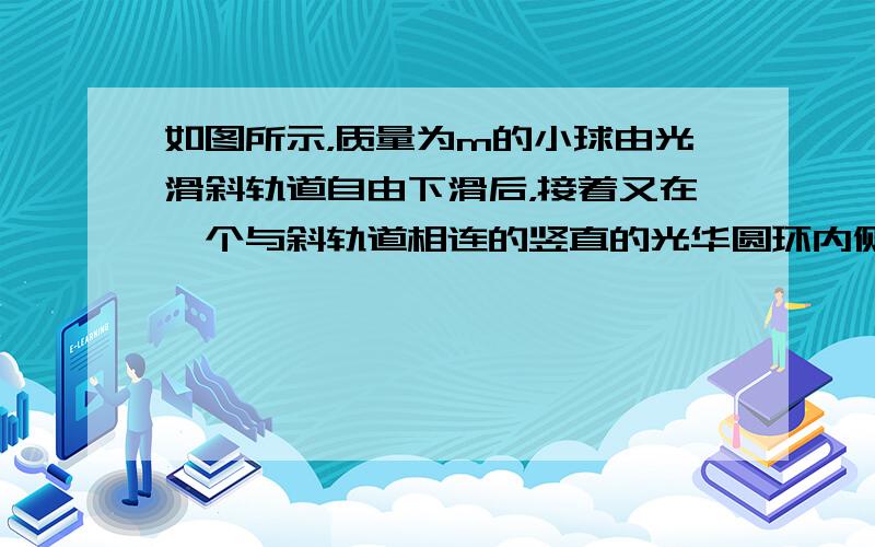 如图所示，质量为m的小球由光滑斜轨道自由下滑后，接着又在一个与斜轨道相连的竖直的光华圆环内侧运动，阻