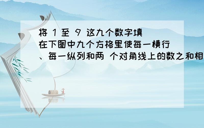 将 1 至 9 这九个数字填在下图中九个方格里使每一横行、每一纵列和两 个对角线上的数之和相等。