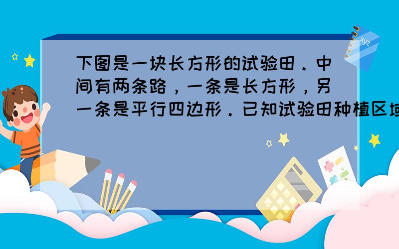 下图是一块长方形的试验田。中间有两条路，一条是长方形，另一条是平行四边形。已知试验田种植区域的面积为