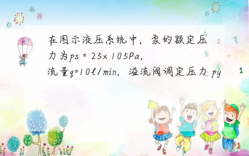 在图示液压系统中，泵的额定压力为ps＝25×105Pa，流量q=10l/min，溢流阀调定压力 py