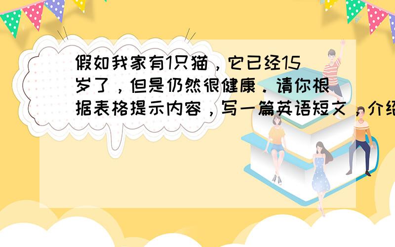 假如我家有1只猫，它已经15岁了，但是仍然很健康。请你根据表格提示内容，写一篇英语短文，介绍它的生活