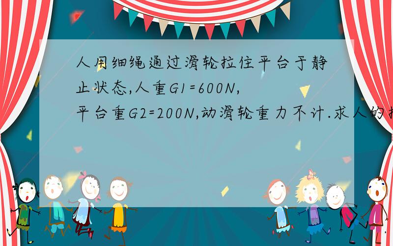 人用细绳通过滑轮拉住平台于静止状态,人重G1=600N,平台重G2=200N,动滑轮重力不计.求人的拉力和人对平台的压力