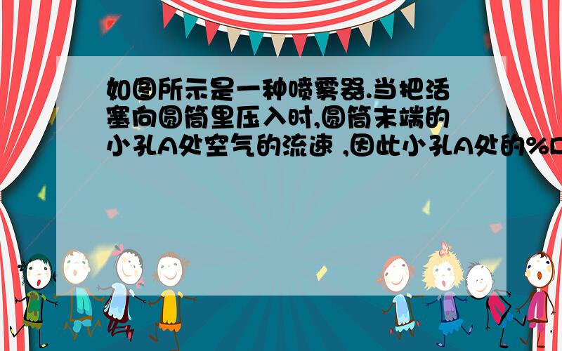 如图所示是一种喷雾器.当把活塞向圆筒里压入时,圆筒末端的小孔A处空气的流速 ,因此小孔A处的%D如图所示是一种喷雾器.当把活塞向圆筒里压入时,圆筒末端的小孔A处空气的流速（——） ,因