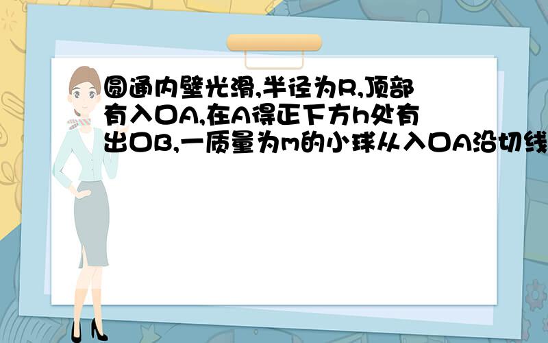 圆通内壁光滑,半径为R,顶部有入口A,在A得正下方h处有出口B,一质量为m的小球从入口A沿切线方向的水平槽射入圆筒内,要使球从B处飞出,小球射进入口A的速度v0应满足什么条件?在运动过程中,球