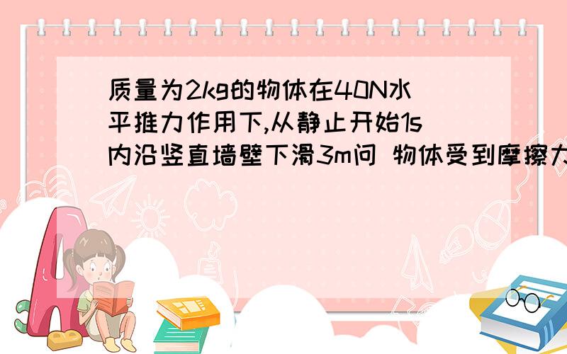 质量为2kg的物体在40N水平推力作用下,从静止开始1s内沿竖直墙壁下滑3m问 物体受到摩擦力大小物体与墙间的动摩擦因数希望可以带图的.