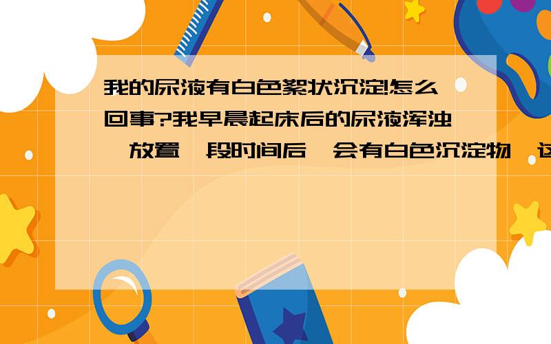 我的尿液有白色絮状沉淀!怎么回事?我早晨起床后的尿液浑浊,放置一段时间后,会有白色沉淀物,这是为什么呀?并不是每回都这样的,今天突然发现,我很紧张.男性 24岁请高人答复.