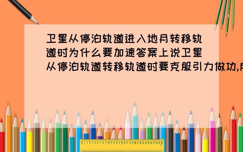 卫星从停泊轨道进入地月转移轨道时为什么要加速答案上说卫星从停泊轨道转移轨道时要克服引力做功,所以速度应该增加.可是卫星克服引力做功它的能量不是减小吗.由动能定理引力对卫星