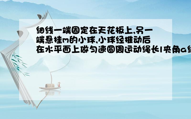 细线一端固定在天花板上,另一端悬挂m的小球,小球经推动后在水平面上做匀速圆周运动绳长l夹角a细线一端固定在天花板上,另一端悬挂m的小球,小球经推动后在水平面上做匀速圆周运动绳长l,