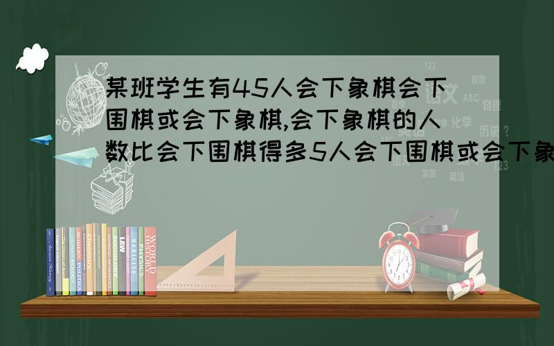 某班学生有45人会下象棋会下围棋或会下象棋,会下象棋的人数比会下围棋得多5人会下围棋或会下象棋,会下象棋的人数比会下围棋得多5人,两种都会下的有20人,回下围棋的有几人?