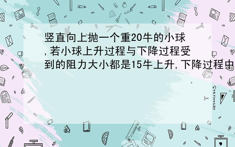 竖直向上抛一个重20牛的小球,若小球上升过程与下降过程受到的阻力大小都是15牛上升,下降过程中的合力为