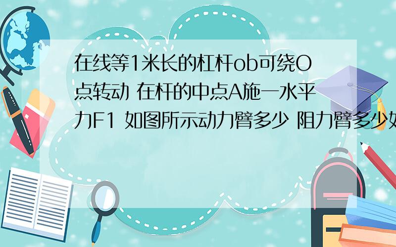 在线等1米长的杠杆ob可绕O点转动 在杆的中点A施一水平力F1 如图所示动力臂多少 阻力臂多少如题