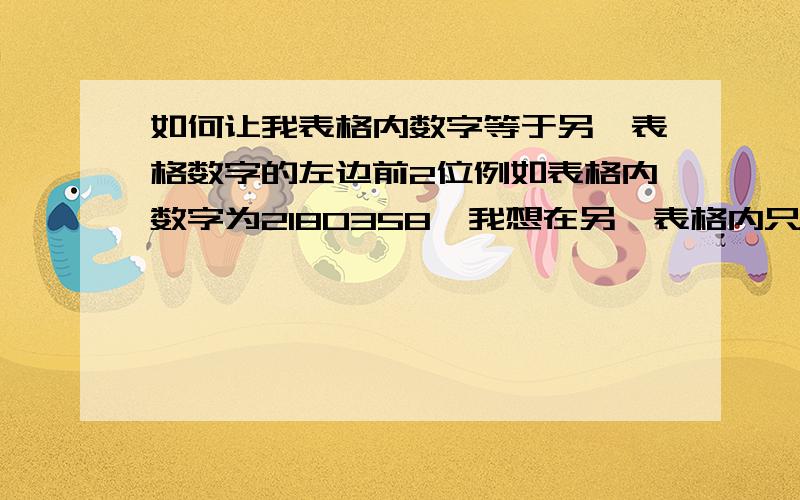 如何让我表格内数字等于另一表格数字的左边前2位例如表格内数字为2180358,我想在另一表格内只体现左边的21两位数,要怎么用函数呢?