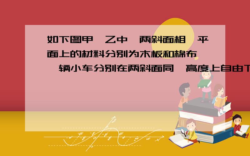 如下图甲、乙中,两斜面相、平面上的材料分别为木板和棉布,一辆小车分别在两斜面同一高度上自由下滑,然后位置上.请回答：小车在水平面上运动一段距离后停下来的原因是：摩擦力（这个