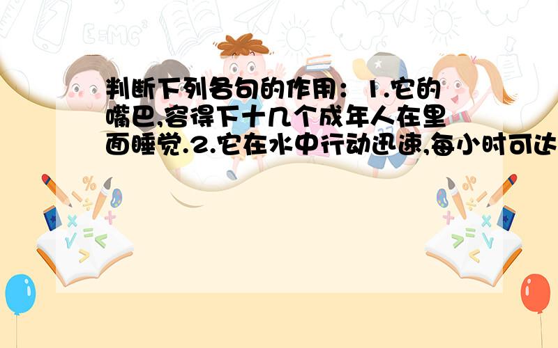 判断下列各句的作用：1.它的嘴巴,容得下十几个成年人在里面睡觉.2.它在水中行动迅速,每小时可达27千米