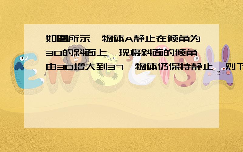 如图所示,物体A静止在倾角为30的斜面上,现将斜面的倾角由30增大到37,物体仍保持静止,则下列说法中正确的是A.A对斜面的压力不变；B.A对斜面的压力增大：C.A收到的摩擦力不变；D.A受到的摩