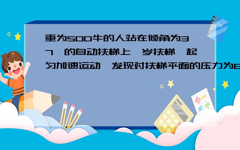 重为500牛的人站在倾角为37°的自动扶梯上,岁扶梯一起匀加速运动,发现对扶梯平面的压力为600牛 求1.自动扶梯上升的加速度 2.人上升过程中受到的摩擦力 g=10a=三分之十 摩擦力=三分之四百