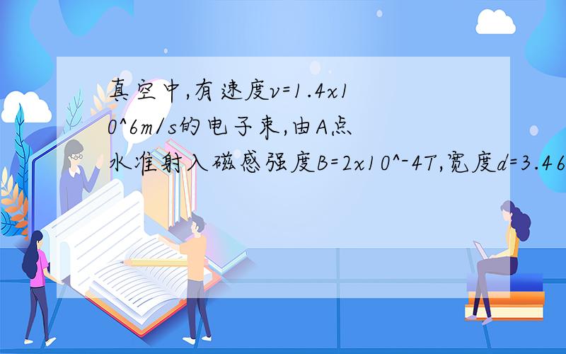 真空中,有速度v=1.4x10^6m/s的电子束,由A点水准射入磁感强度B=2x10^-4T,宽度d=3.46cm的匀强磁场中,磁场方向垂直纸面向里,如图,一直电子质量m=9.1x10^-31kg,电量e=1.3x10^-19C,求电子束射出磁场时在竖直方