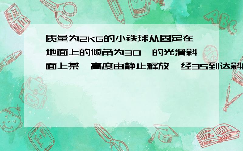 质量为2KG的小铁球从固定在地面上的倾角为30°的光滑斜面上某一高度由静止释放,经3S到达斜面底端不计空气阻力,从释放开始计时,2S末的瞬时功率和平均功率