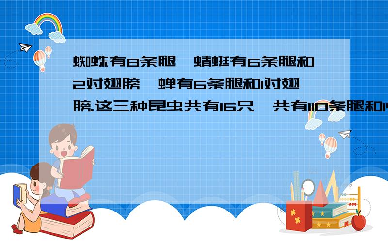 蜘蛛有8条腿,蜻蜓有6条腿和2对翅膀,蝉有6条腿和1对翅膀.这三种昆虫共有16只,共有110条腿和14对翅膀.求这三种昆虫各有多少只?只有有X的方程解,