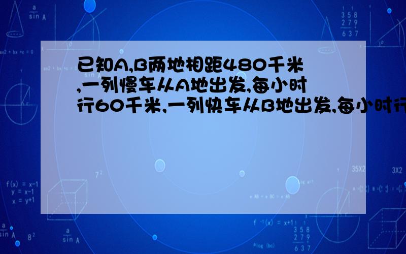 已知A,B两地相距480千米,一列慢车从A地出发,每小时行60千米,一列快车从B地出发,每小时行65千米1.若两车同时开出,同向而行,快车先在慢车后面,x小时之后快车追上慢车,则由此条件列出的方程