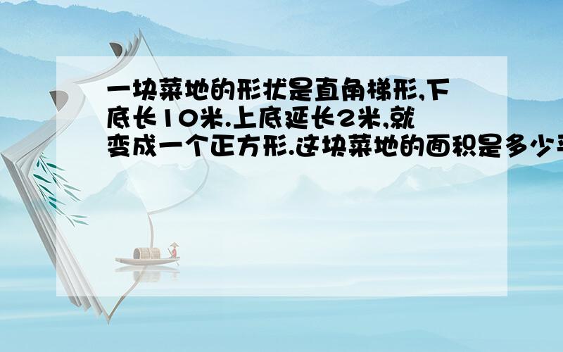 一块菜地的形状是直角梯形,下底长10米.上底延长2米,就变成一个正方形.这块菜地的面积是多少平方米?