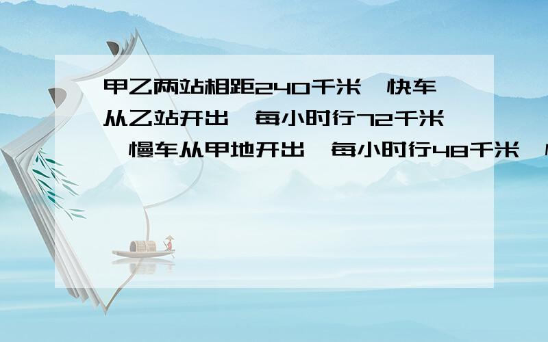 甲乙两站相距240千米,快车从乙站开出,每小时行72千米,慢车从甲地开出,每小时行48千米,慢车在快车前面若慢车先出发5小时,问快车出发后几小时追上慢车?