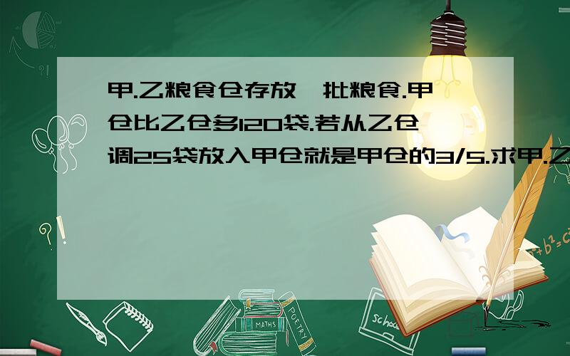 甲.乙粮食仓存放一批粮食.甲仓比乙仓多120袋.若从乙仓调25袋放入甲仓就是甲仓的3/5.求甲.乙两仓原来各有多