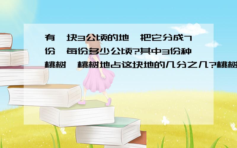 有一块3公顷的地,把它分成7份,每份多少公顷?其中3份种桃树,桃树地占这块地的几分之几?桃树有多少公顷?每份多少公顷?3除以7等3/7公顷.桃树占这块地的几分之几?3/7=3/7占地3/7.问题是桃树有多