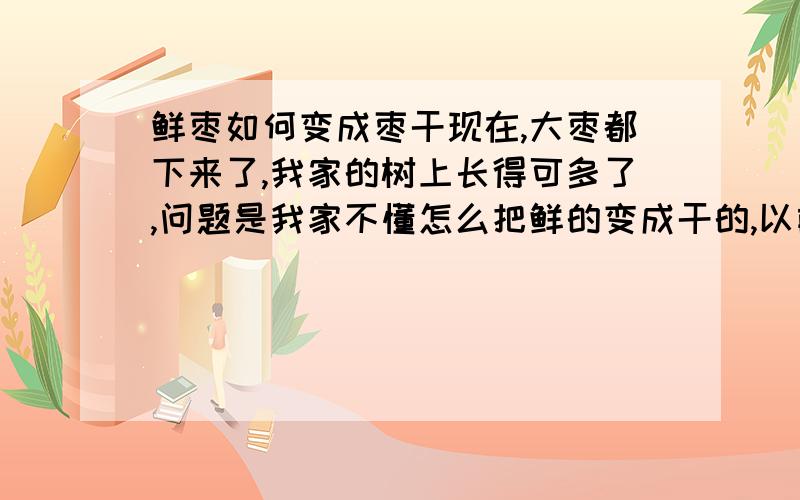 鲜枣如何变成枣干现在,大枣都下来了,我家的树上长得可多了,问题是我家不懂怎么把鲜的变成干的,以前直接晒,时间长了,果肉都没有了,哪位有好的办法,最好是农村里比较实际的,