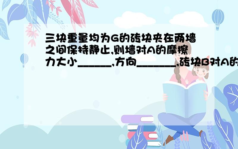 三块重量均为G的砖块夹在两墙之间保持静止,则墙对A的摩擦力大小______,方向_______,砖块B对A的摩擦力大小为_________