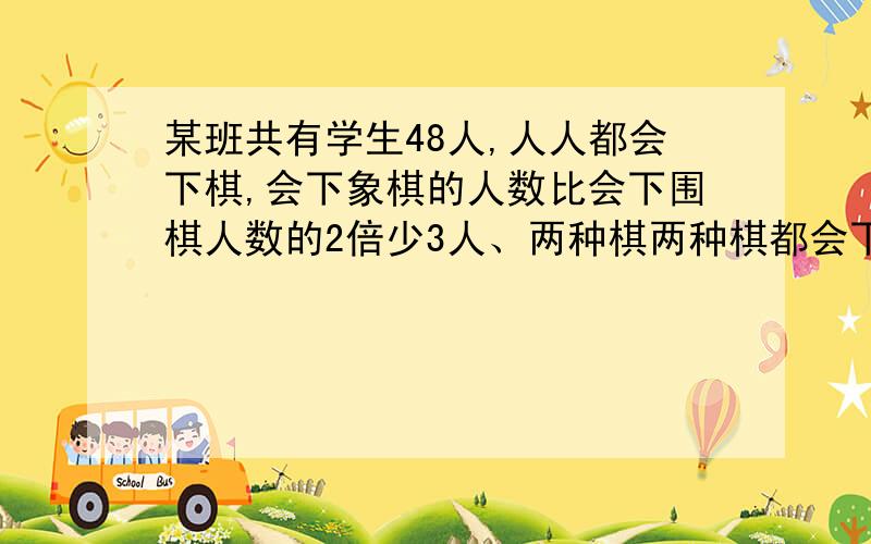 某班共有学生48人,人人都会下棋,会下象棋的人数比会下围棋人数的2倍少3人、两种棋两种棋都会下的至多9人,但不少于5人,则会下围棋的有多少人（具体列式）