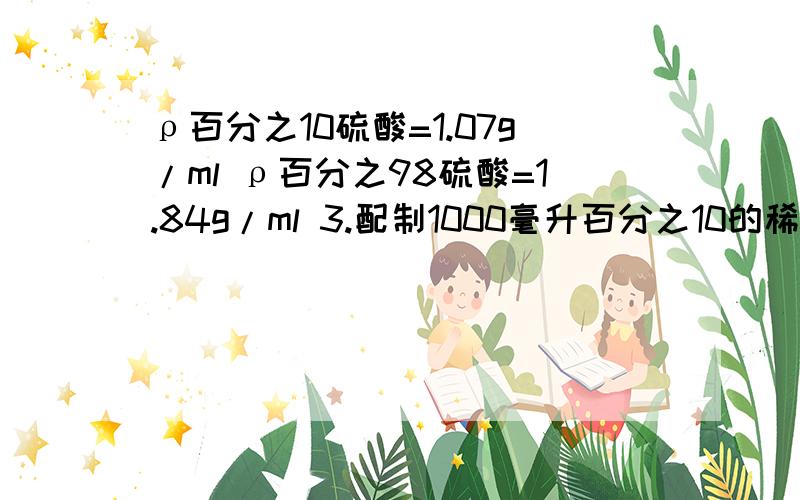 ρ百分之10硫酸=1.07g/ml ρ百分之98硫酸=1.84g/ml 3.配制1000毫升百分之10的稀疏硫酸溶液需百分之98浓硫酸多少毫升