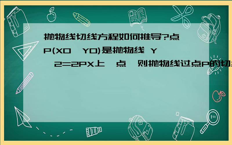 抛物线切线方程如何推导?点 P(X0,Y0)是抛物线 Y^2=2PX上一点,则抛物线过点P的切线方程是：Y0Y=P(X0+X)有具体的推理过程！