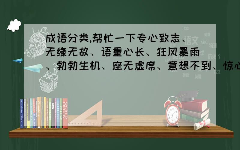 成语分类,帮忙一下专心致志、无缘无故、语重心长、狂风暴雨、勃勃生机、座无虚席、意想不到、惊心动魄、养尊处优、零七八碎、万象更新、张灯结彩、哄堂大笑、能歌善舞、别无所求、