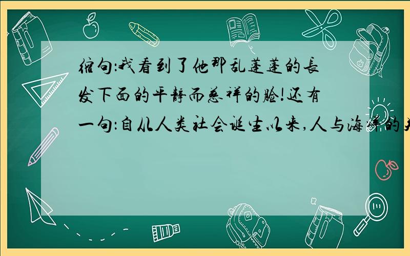 缩句：我看到了他那乱蓬蓬的长发下面的平静而慈祥的脸!还有一句：自从人类社会诞生以来,人与海洋的关系就非常密切．一定要缩缩缩,浓缩就是精华!但可别把原意改变了,精练而意丰!