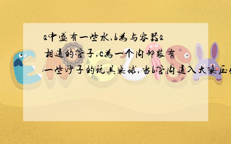 a中盛有一些水,b为与容器a相通的管子,c为一个内部装有一些沙子的玩具气球,当b管内通入大气压强为p0的空气时,气球内部压强也为p0,刚好浸没于水中,若向b管内通入大气压强为3p0/2的气体时,玩