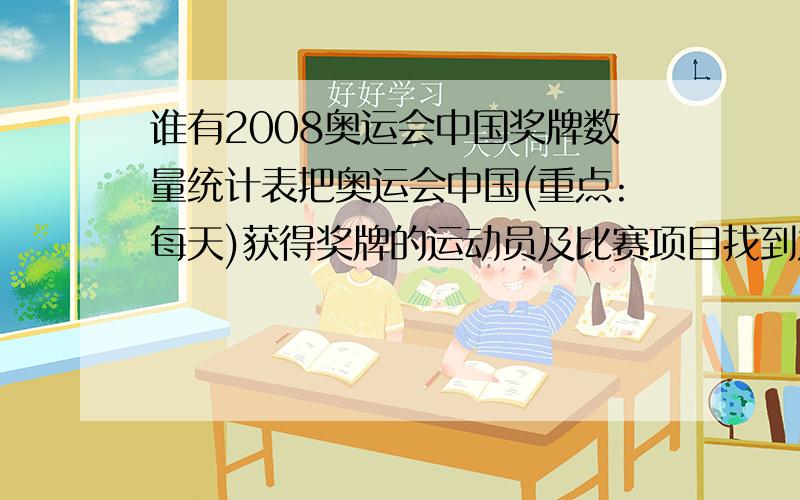 谁有2008奥运会中国奖牌数量统计表把奥运会中国(重点:每天)获得奖牌的运动员及比赛项目找到发给我.包括金银铜牌的都要.