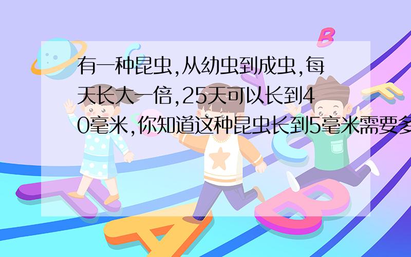 有一种昆虫,从幼虫到成虫,每天长大一倍,25天可以长到40毫米,你知道这种昆虫长到5毫米需要多少天吗?