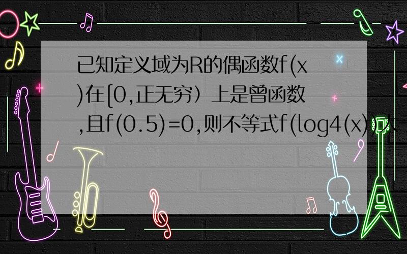 已知定义域为R的偶函数f(x)在[0,正无穷）上是曾函数,且f(0.5)=0,则不等式f(log4(x))大于0的解集是