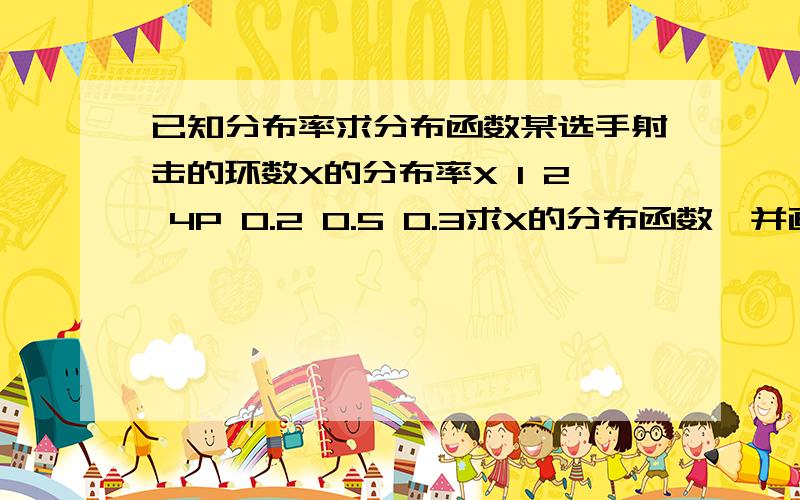 已知分布率求分布函数某选手射击的环数X的分布率X 1 2 4P 0.2 0.5 0.3求X的分布函数,并画出图形