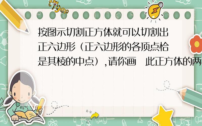 按图示切割正方体就可以切割出正六边形（正六边形的各顶点恰是其棱的中点）,请你画岀此正方体的两种平面展图,并在展开图上画出所有的切割线