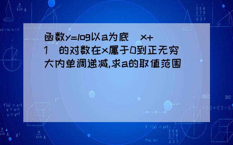 函数y=log以a为底（x+1）的对数在x属于0到正无穷大内单调递减,求a的取值范围