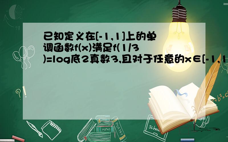 已知定义在[-1,1]上的单调函数f(x)满足f(1/3)=log底2真数3,且对于任意的x∈[-1,1]都有f（x+y）=f（x）+f（y）（1）求证：f（x）为奇函数（2）试求使f（1-m）+f（1-2m）＜0成立的m的取值范围