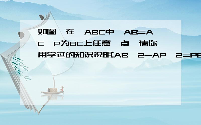 如图,在△ABC中,AB=AC,P为BC上任意一点,请你用学过的知识说明:AB^2-AP^2=PB*PC