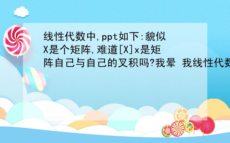 线性代数中,ppt如下:貌似X是个矩阵,难道[X]x是矩阵自己与自己的叉积吗?我晕 我线性代数不是很好,谁能推荐本线性代数的书给我看看啊.