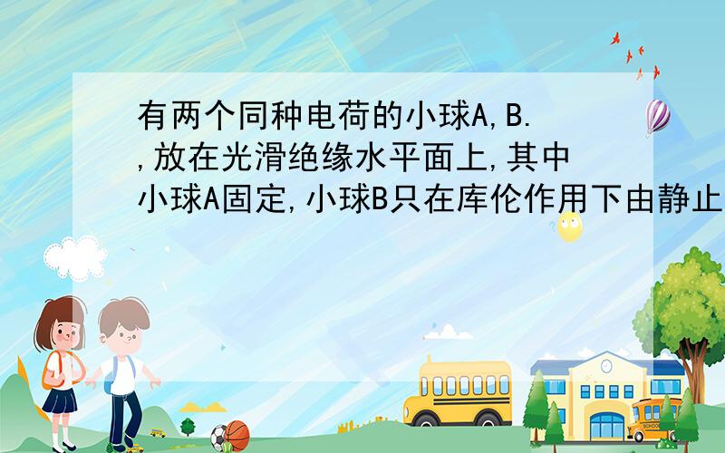 有两个同种电荷的小球A,B.,放在光滑绝缘水平面上,其中小球A固定,小球B只在库伦作用下由静止开始运动,在运动过程中,小球B的加速度a和速度v的变化是(    )       A.a一直在增大  B.a不变     C .V