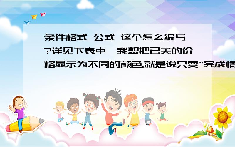 条件格式 公式 这个怎么编写?详见下表中,我想把已买的价格显示为不同的颜色.就是说只要“完成情况”是“已买的”,其价格就自动显示为棕色.