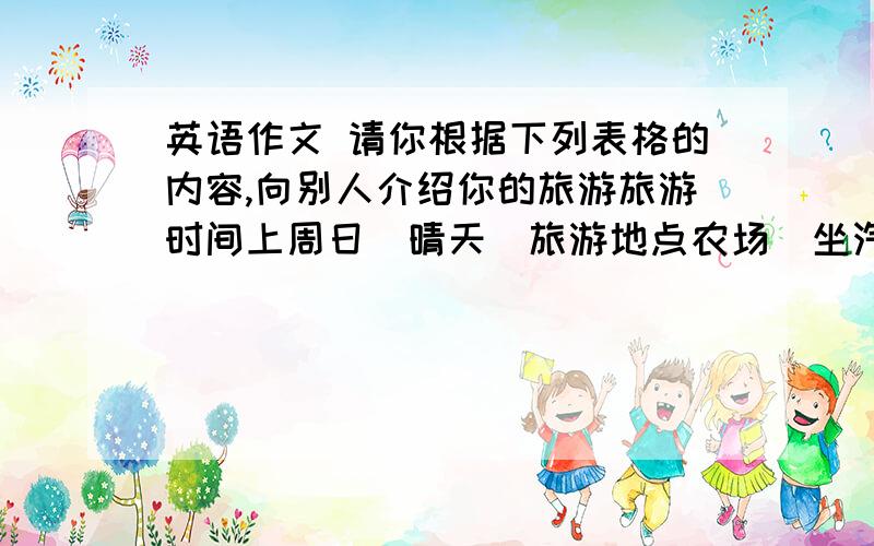 英语作文 请你根据下列表格的内容,向别人介绍你的旅游旅游时间上周日（晴天）旅游地点农场（坐汽车、半小时）内容参观农场、钓鱼、摘草莓、喂鸡、吃美味的食物、拍照和农民交谈并