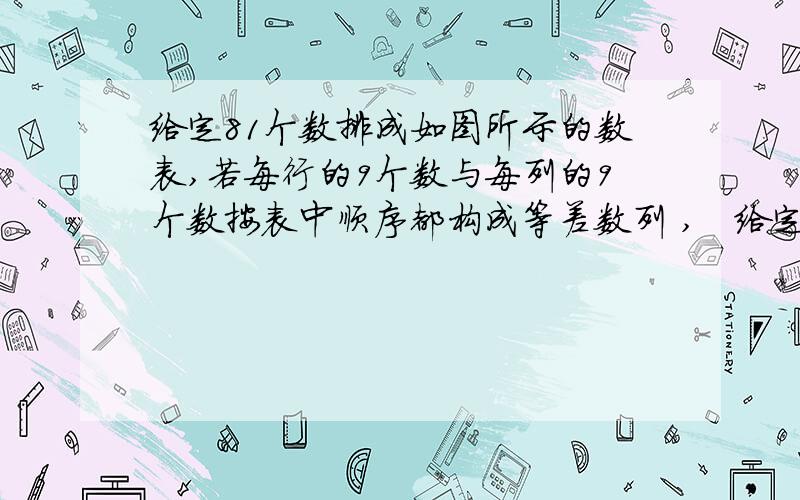 给定81个数排成如图所示的数表,若每行的9个数与每列的9个数按表中顺序都构成等差数列 ,   给定81个数排成如图所示的数表,若每行的9个数与每列的9个数按表中顺序都构成等差数列 ,且表中