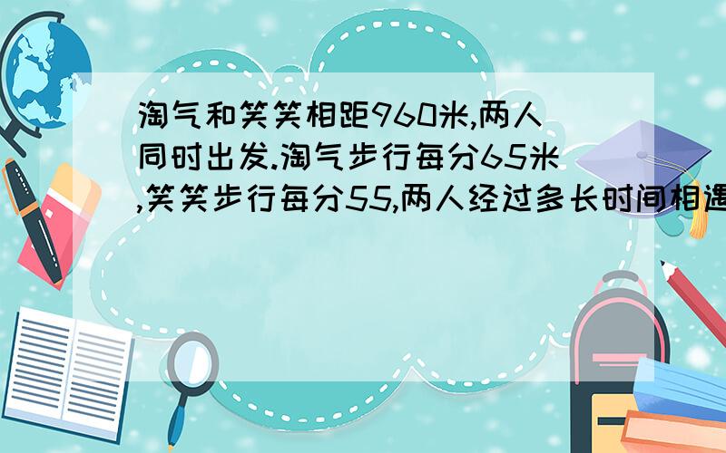 淘气和笑笑相距960米,两人同时出发.淘气步行每分65米,笑笑步行每分55,两人经过多长时间相遇?